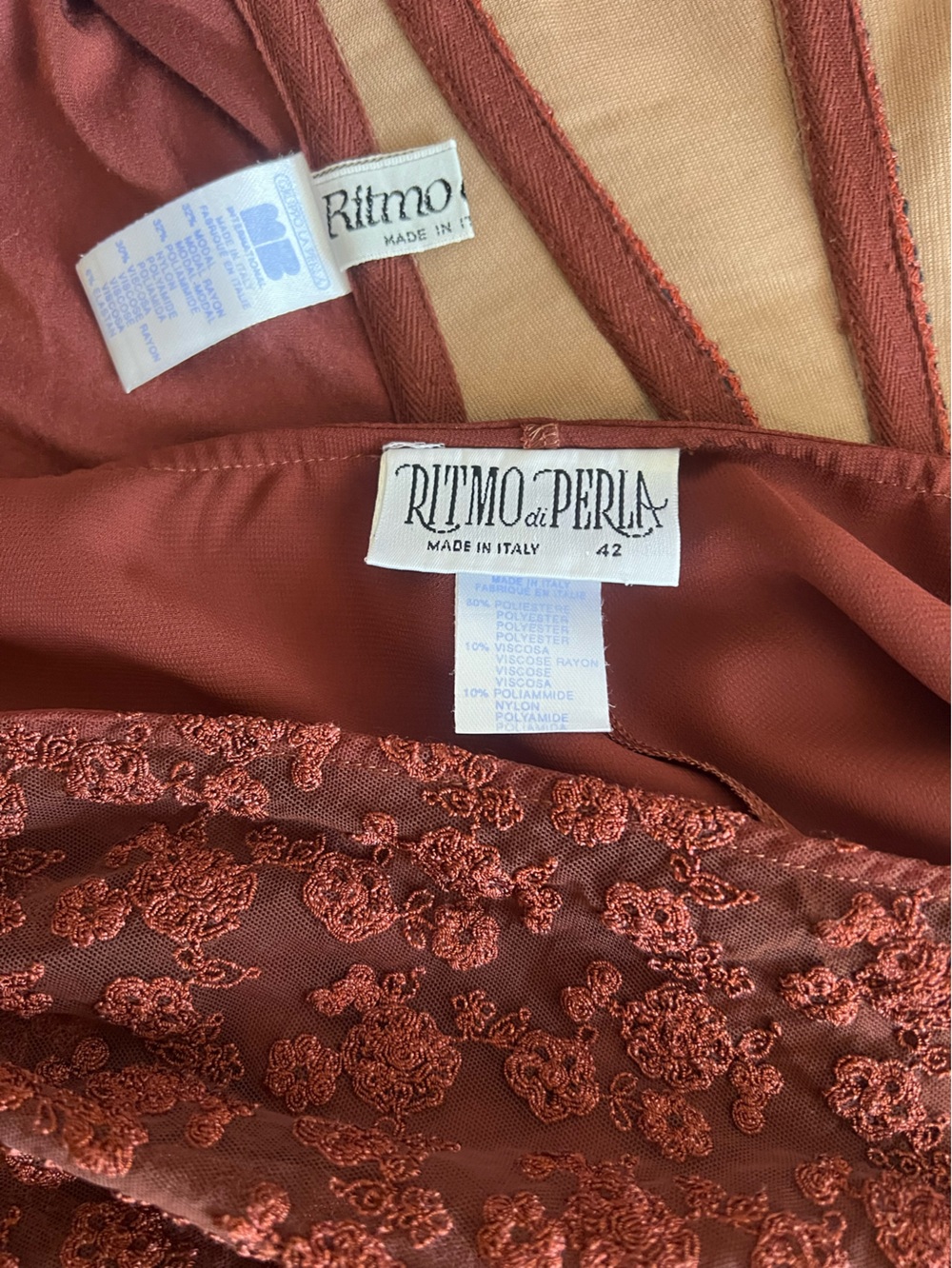Ritmo di Perla Italy 2PC Set Brown Lace Corset Mini Skirt Size 42 Vintage - Picture 9 of 12